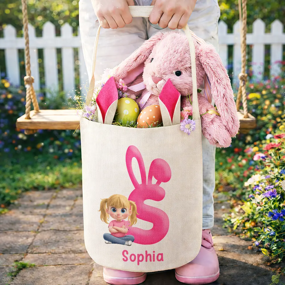 Bunny Alphabet With Kid Baby Sitting 3D Effect - Personalized Bunny Ears Bucket Bag - Image 4