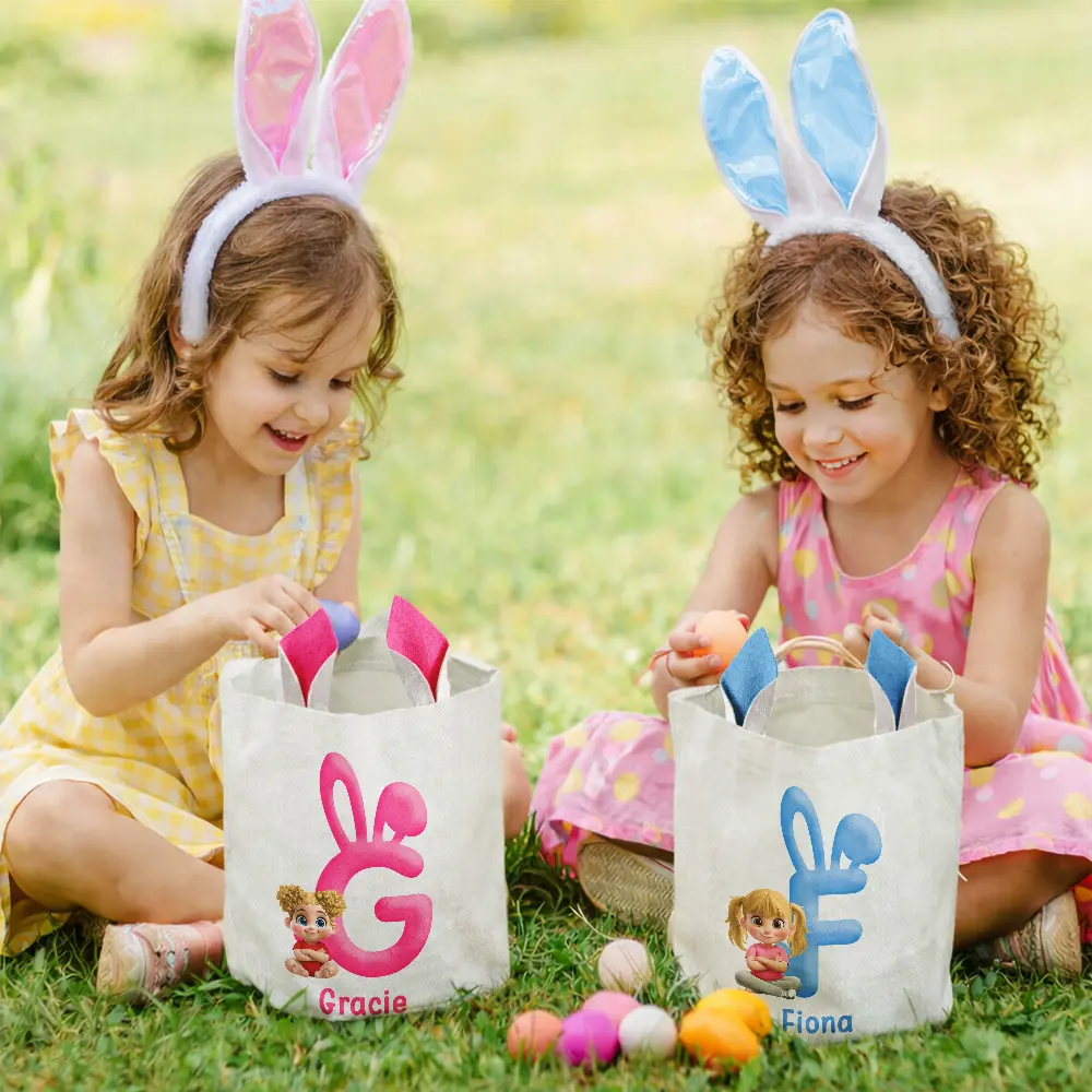 Bunny Alphabet With Kid Baby Sitting 3D Effect - Personalized Bunny Ears Bucket Bag - Image 6
