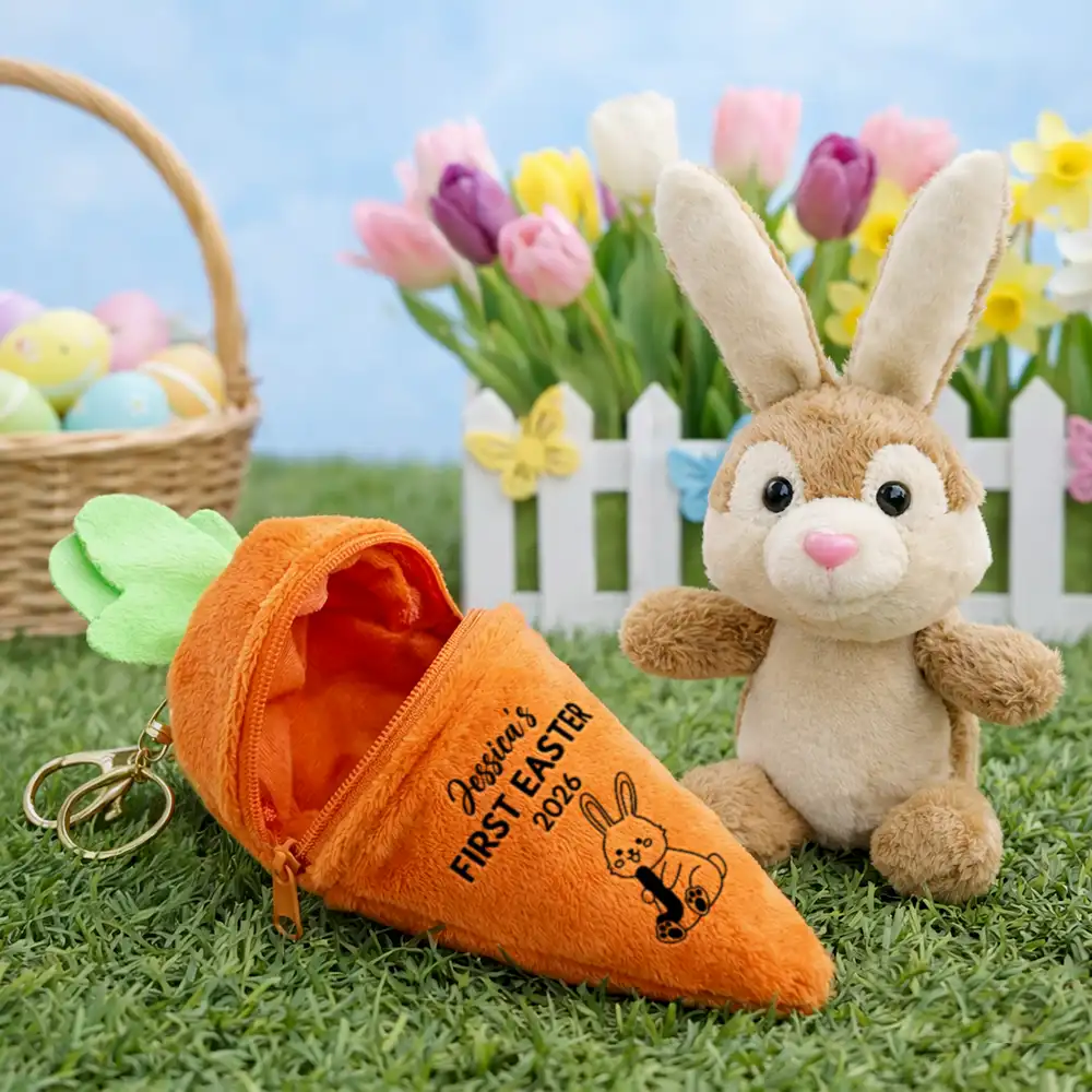 Bunny Holding Alphabet Letters - Personalized Plush Reversible Carrot Bunny Keychain - Image 2