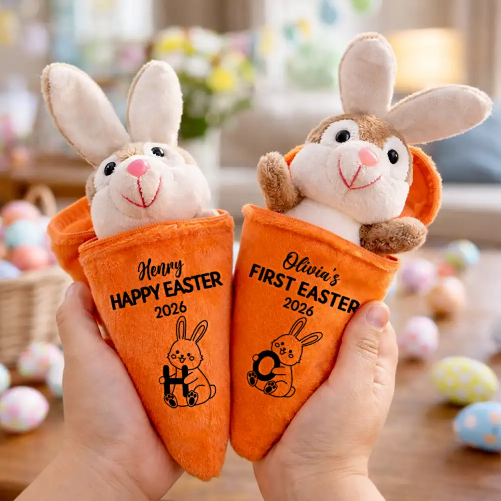 Bunny Holding Alphabet Letters - Personalized Plush Reversible Carrot Bunny Keychain - Image 3