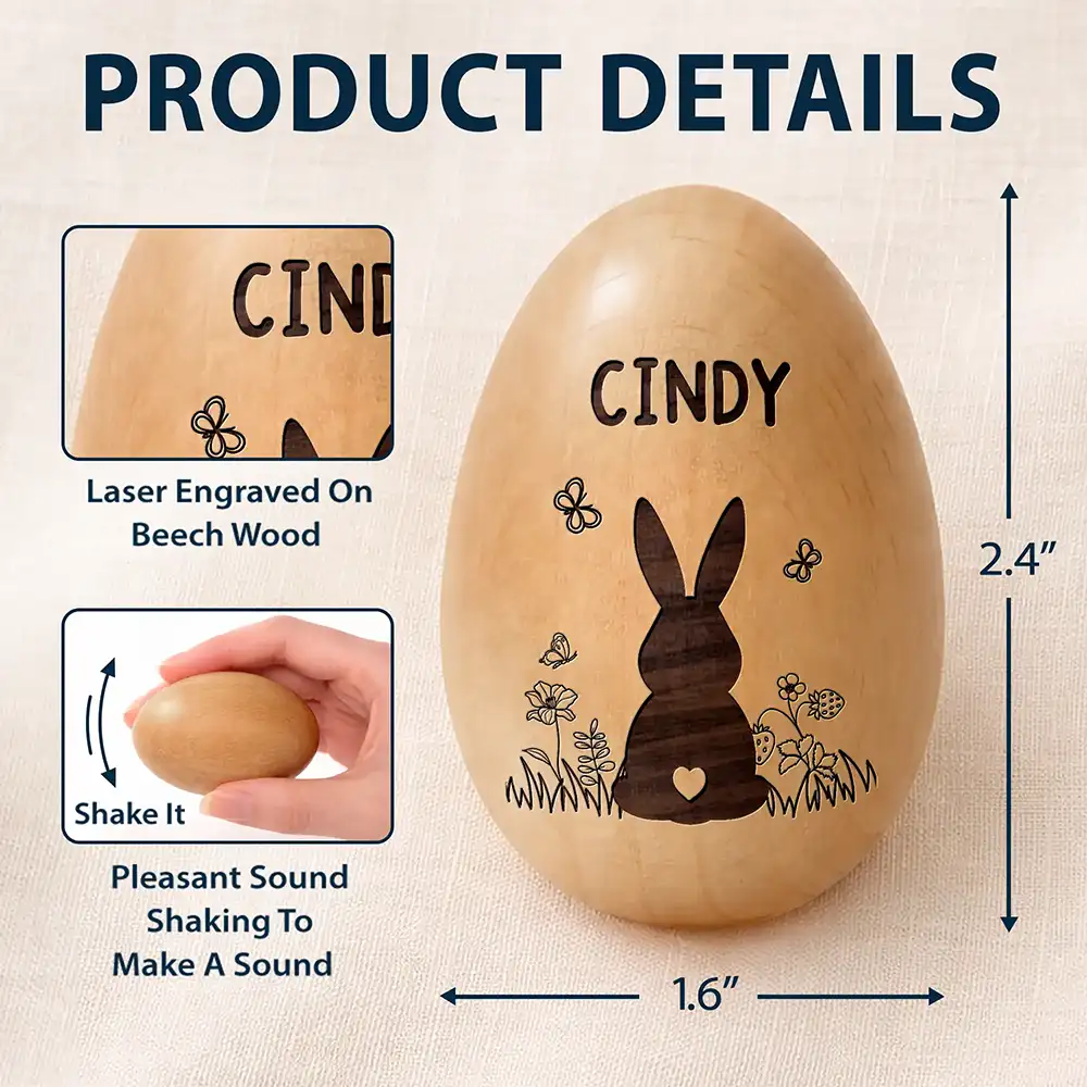 Bunny With Spring Flowers - Personalized Musical Wooden Easter Egg Shaker - Image 5