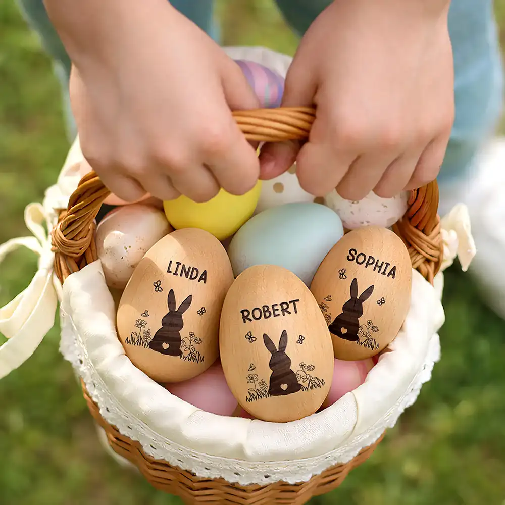 Bunny With Spring Flowers - Personalized Musical Wooden Easter Egg Shaker - Image 6