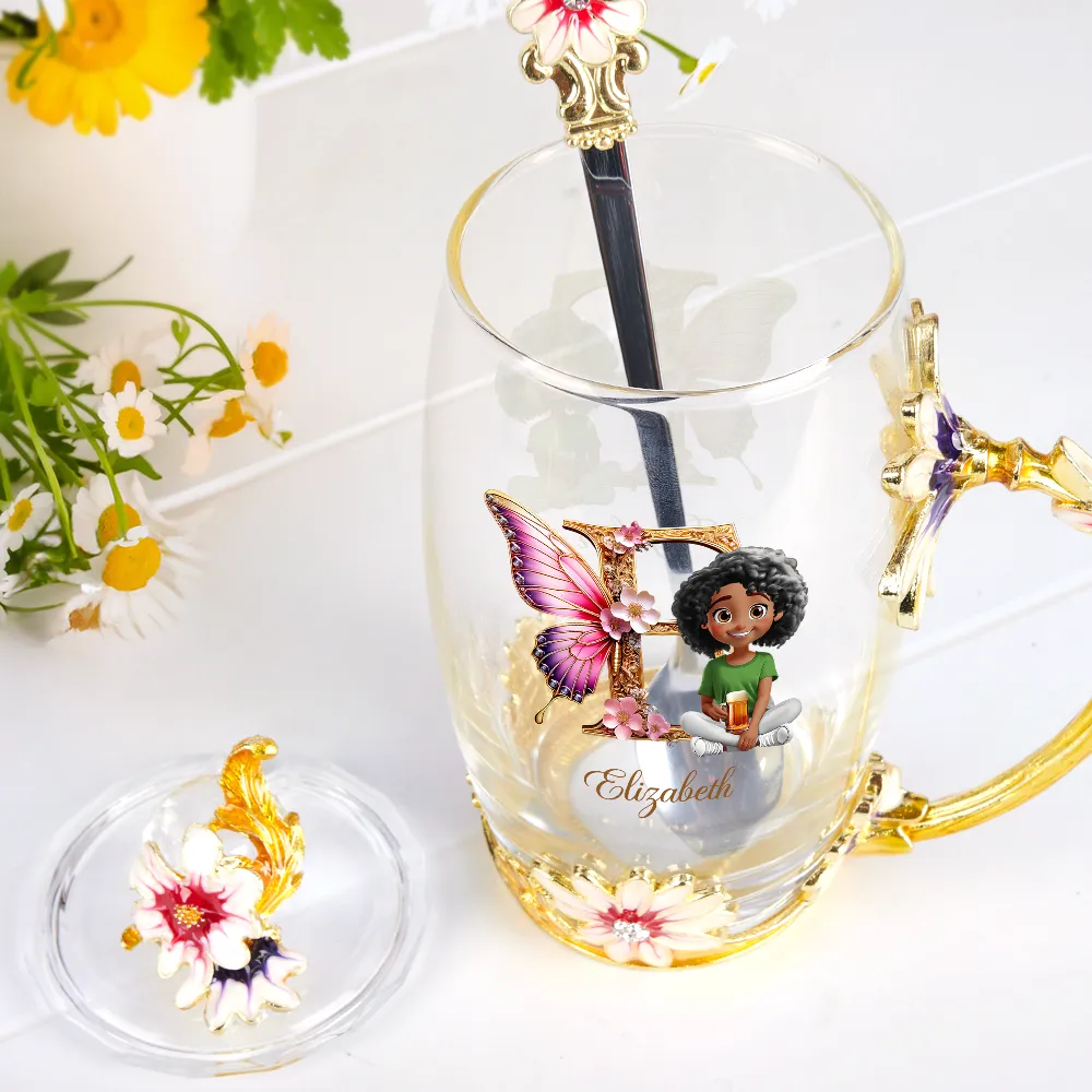 Butterfly Monogram With 3D Effect Woman - Personalized Glass Flower Tea Cup - Image 2