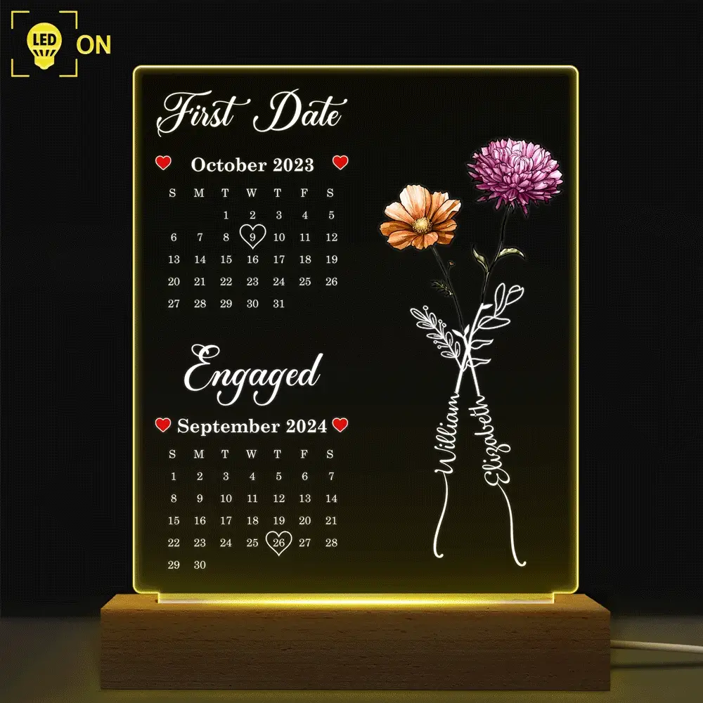 Calendar Birth Flowers First Met First Kiss - Personalized 3D Led Light Wooden Base - Image 2