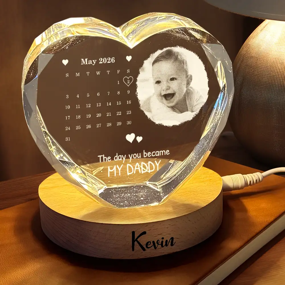 Calendar Custom Photo The Day You Became My Mommy Daddy - Personalized Crystal Heart Shaped Lamp - Image 2