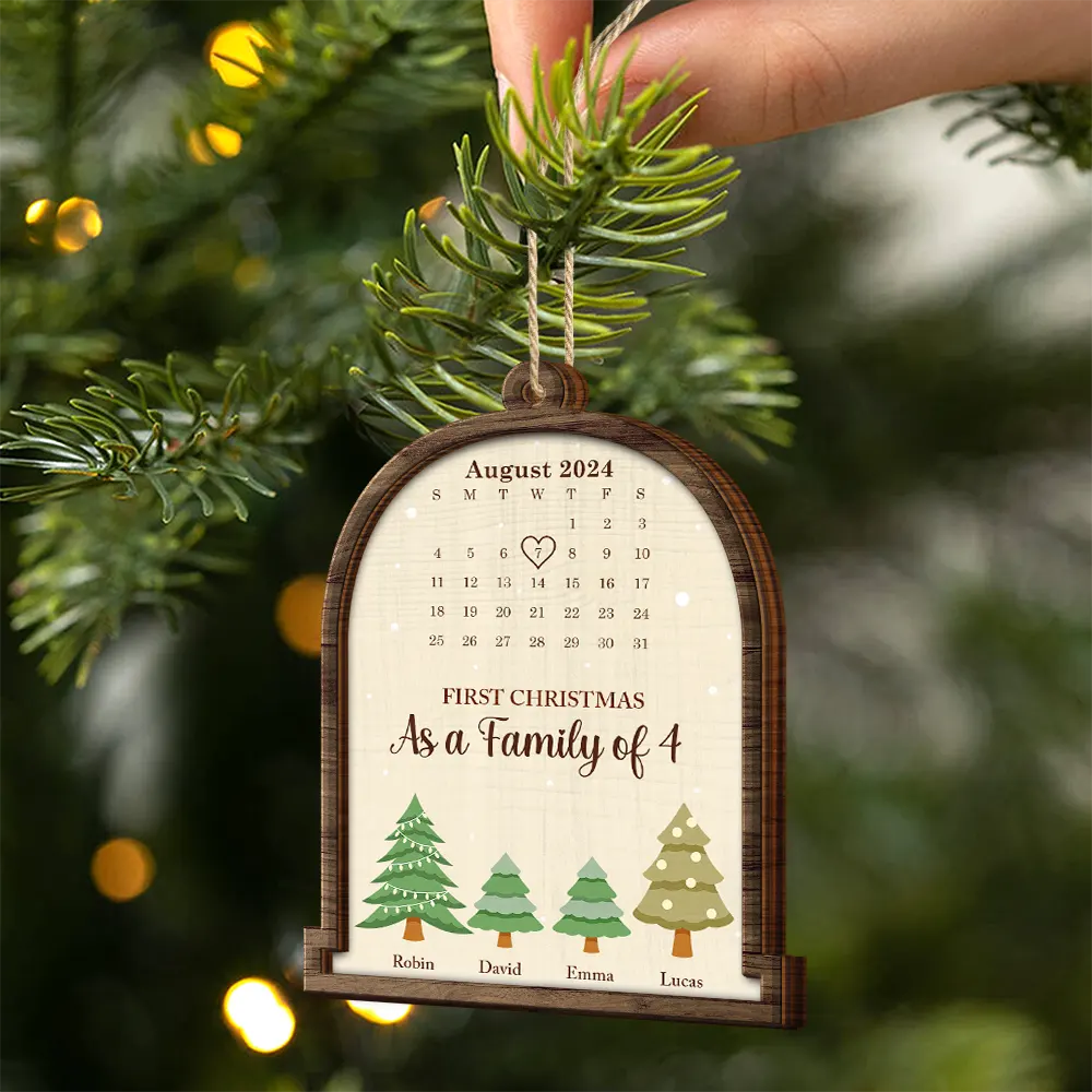 Calendar First Christmas As A Family Of Three - Personalized 2-Layered Wooden Ornament - Image 2