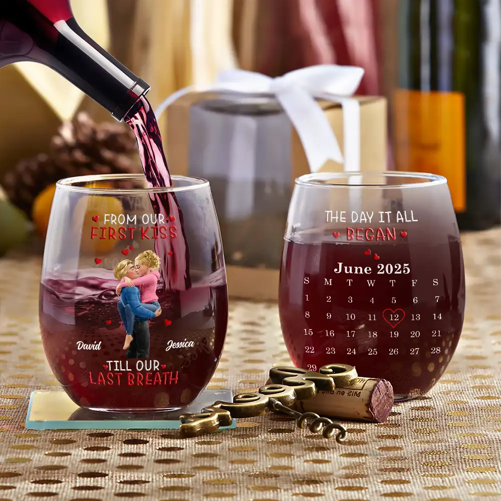 Calendar I Met You Liked You Love You Forever - Personalized Stemless Wine Glass - Image 3