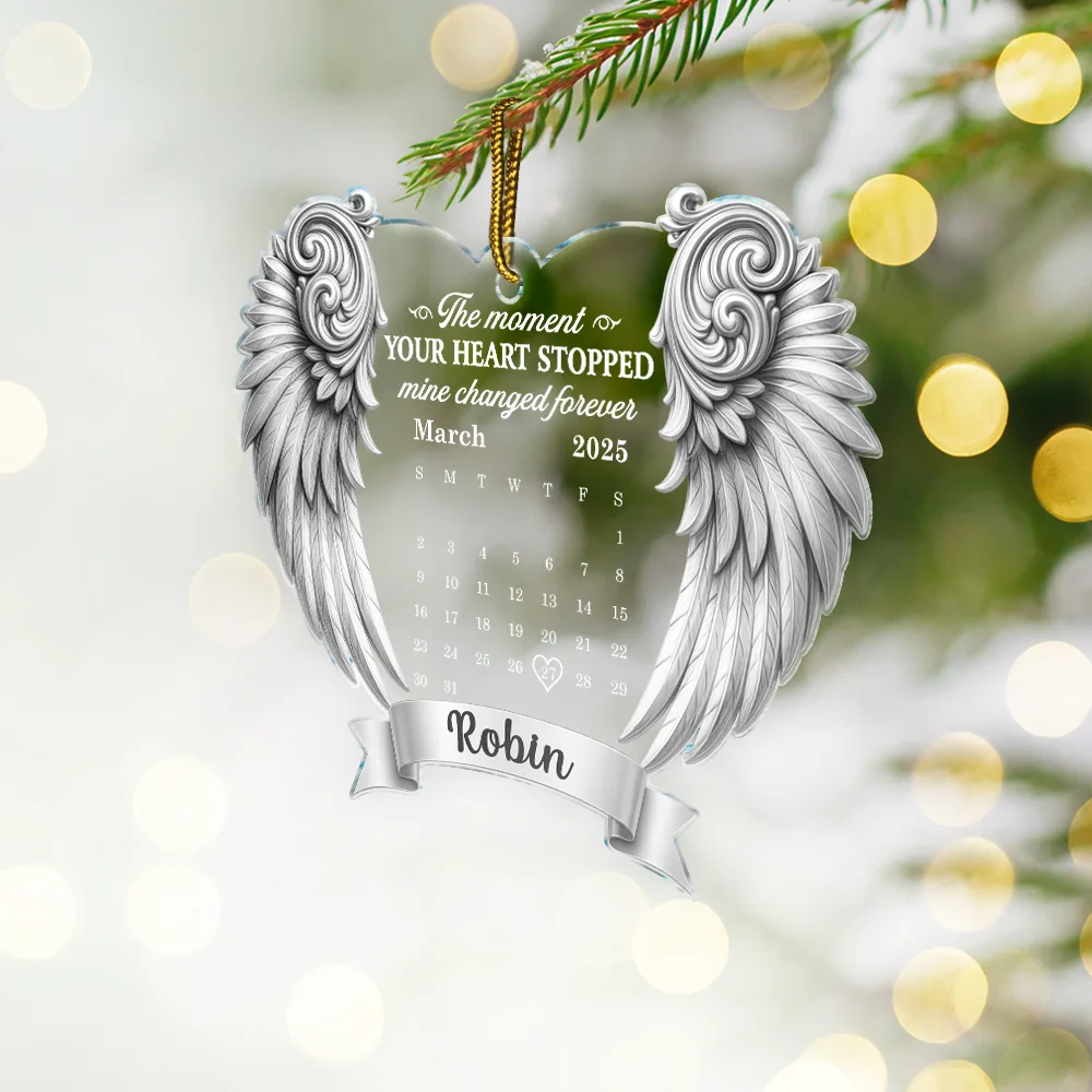 Calendar Memorial Angel Wings The Moment Your Heart Stopped - Personalized Custom Shaped Acrylic Ornament - Image 2