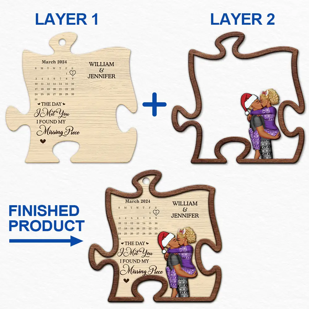 Calendar The Day I Found My Missing Piece Kissing Couple - Personalized 2-Layered Wooden Ornament - Image 6