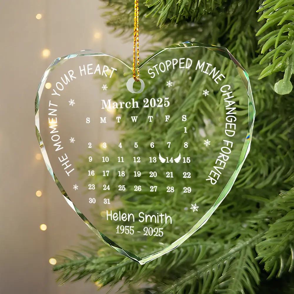 Calendar The Moment Your Heart Stopped Memorial - Personalized Heart Shaped Glass Ornament - Image 2