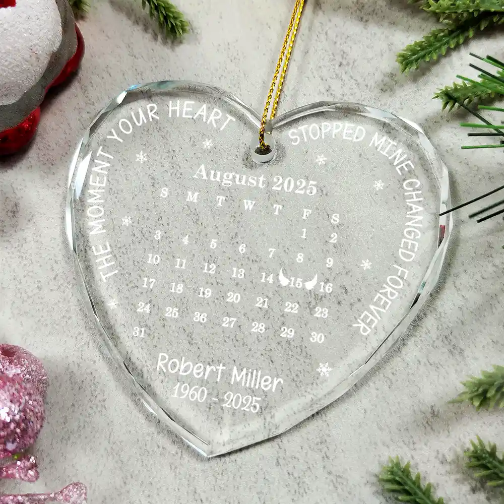 Calendar The Moment Your Heart Stopped Memorial - Personalized Heart Shaped Glass Ornament - Image 4