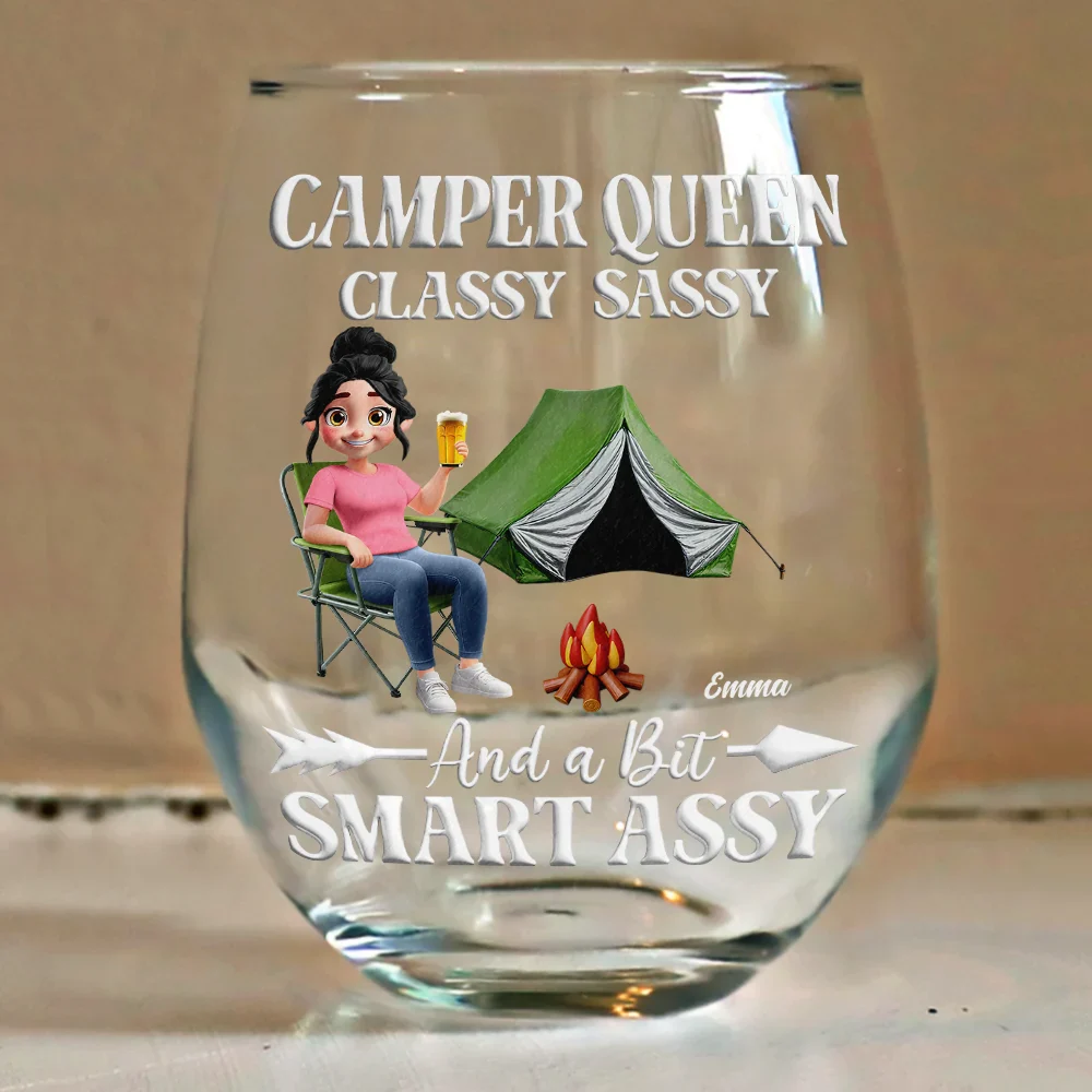 Camper Queen Classy Sassy - Personalized Stemless Wine Glass - Image 4