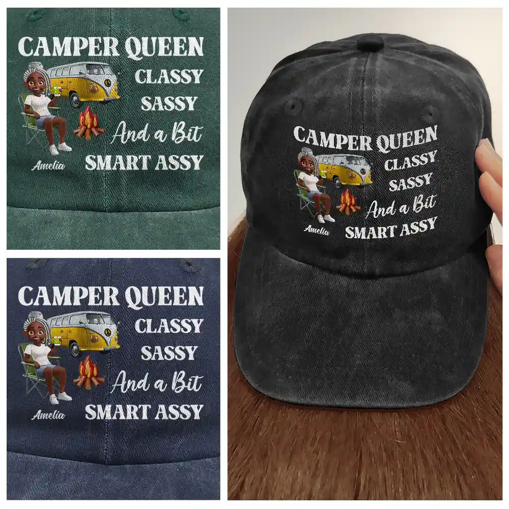 Camper Queen Classy Sassy - Personalized Vintage Washed Denim Cap - Image 4