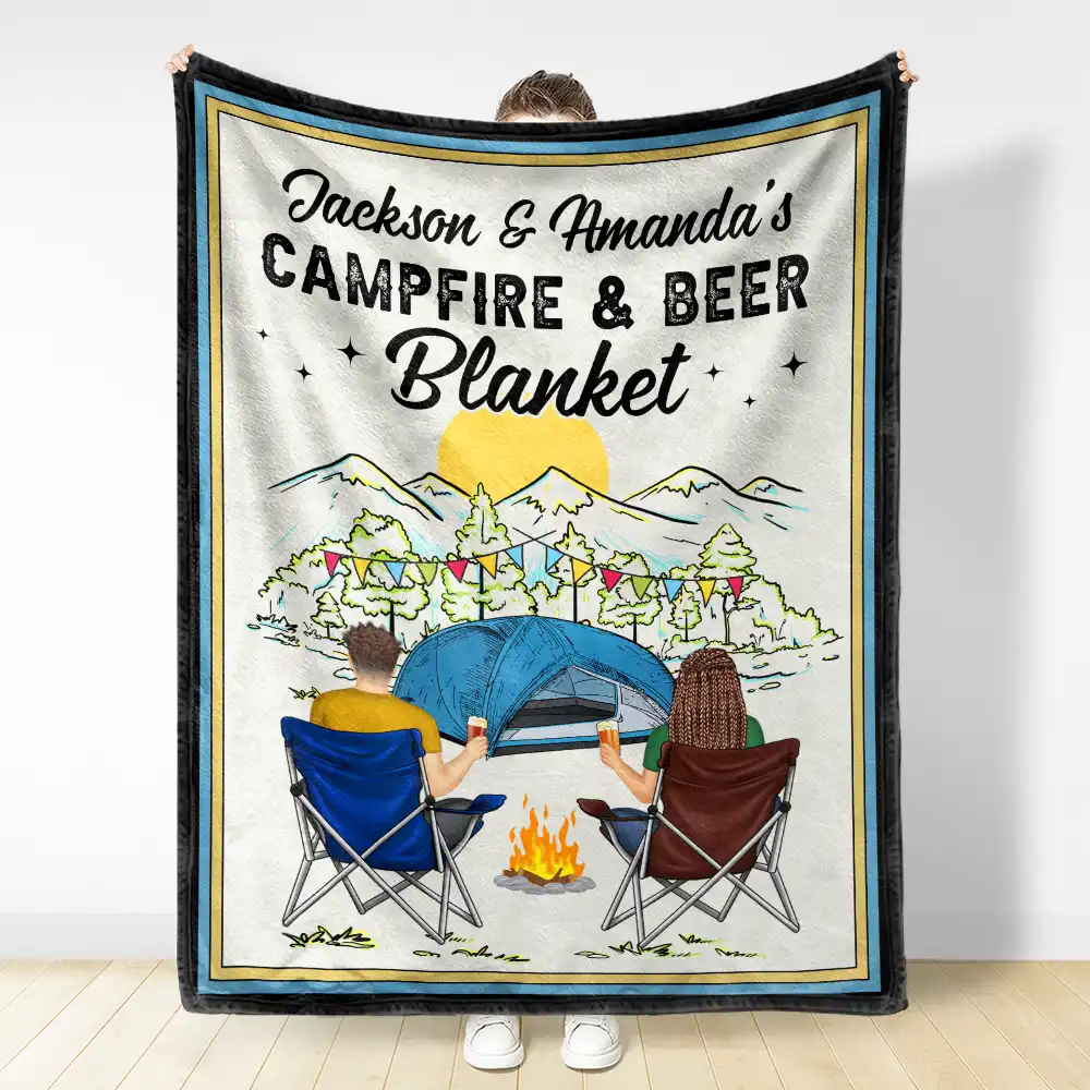 Campfire & Coffee Blanket Camping - Personalized Fleece Blanket, Sherpa Blanket - Image 3