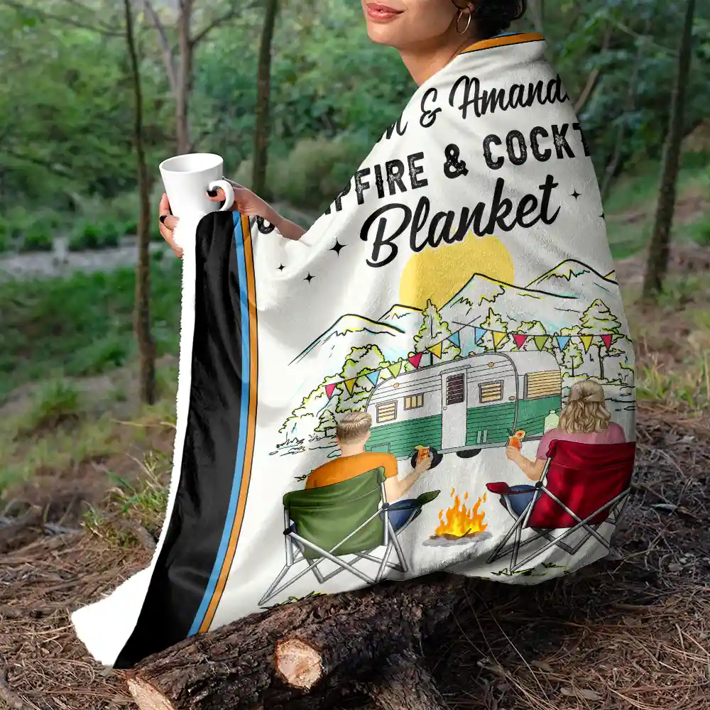 Campfire & Coffee Blanket Camping - Personalized Fleece Blanket, Sherpa Blanket - Image 5