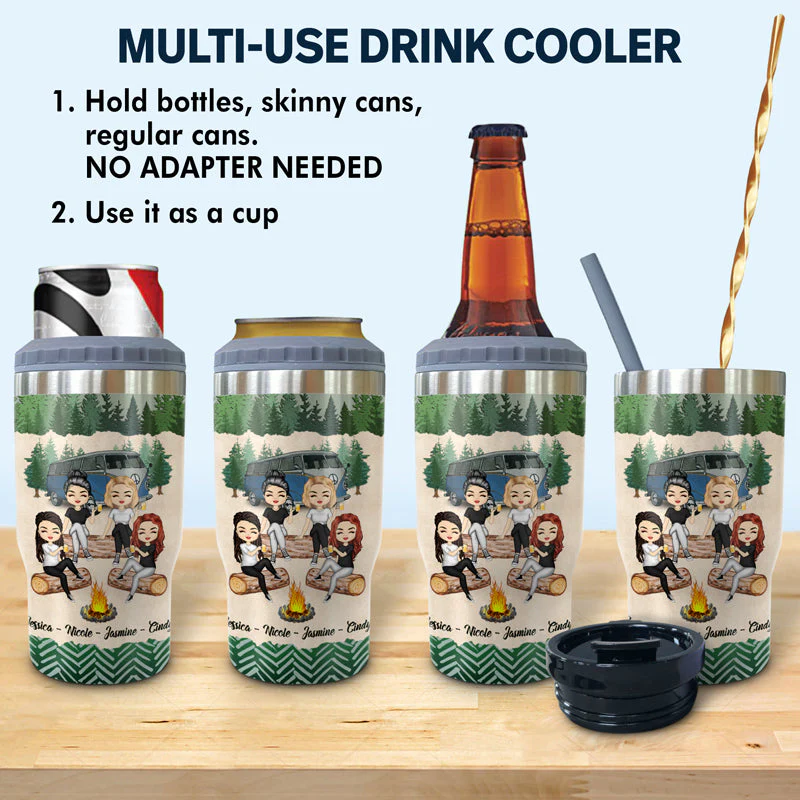Camping Bestie Warning The Girls Are Drinking Again - Personalized Custom Triple 3 In 1 Can Cooler - Image 2