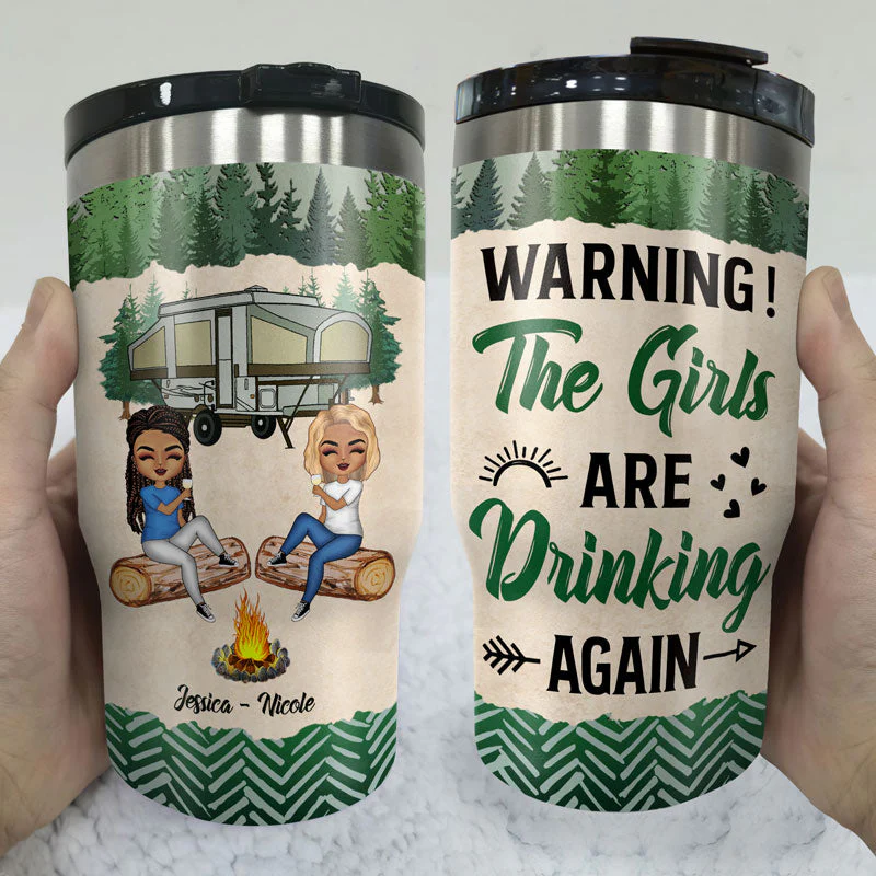 Camping Bestie Warning The Girls Are Drinking Again - Personalized Custom Triple 3 In 1 Can Cooler - Image 3