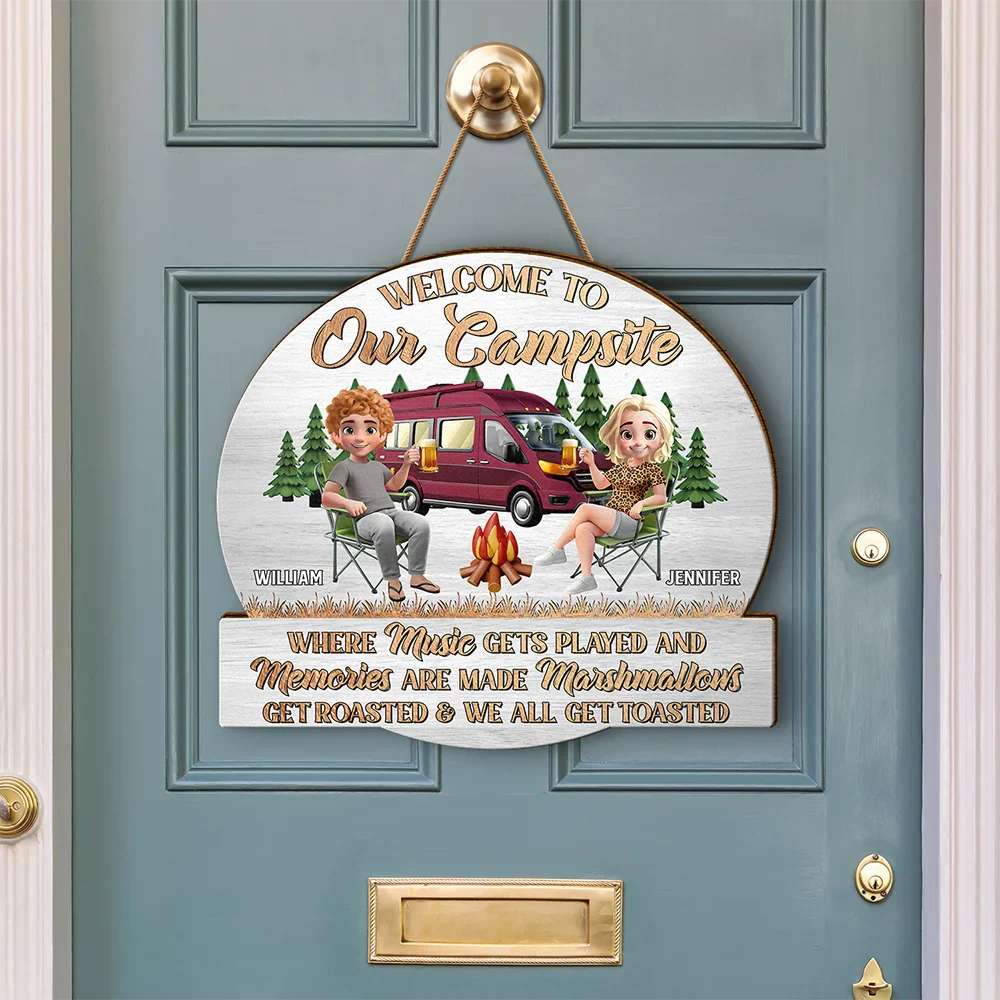 Camping Besties Welcome To Our Camper - Personalized Custom Shaped Wood Sign - Image 3