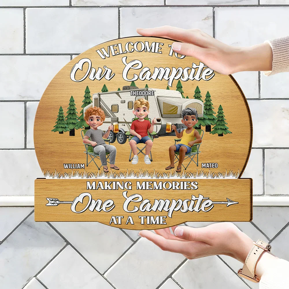 Camping Besties Welcome To Our Camper - Personalized Custom Shaped Wood Sign - Image 4