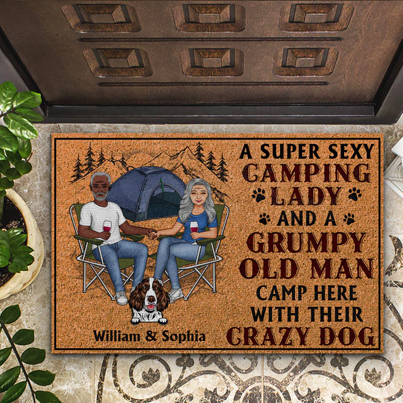 Camping Couple A Super Sexy Camping Lady And A Grumpy Old Man Camp Here With Their Dogs - Gift For Dog Lovers - Personalized Custom Doormat - Image 2