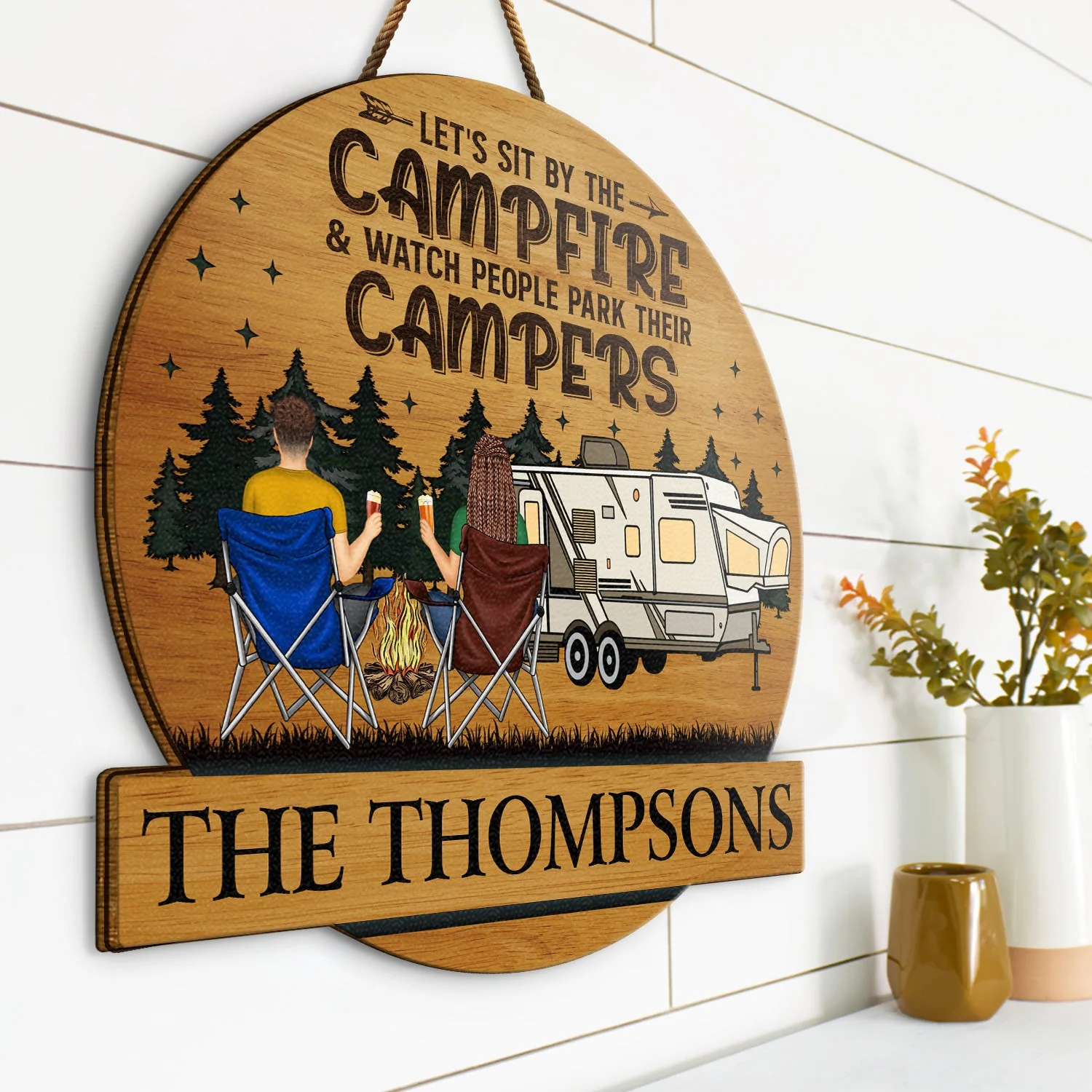 Camping Couple Backside Husband & Wife Camping Partners For Life - Anniversary, Vacation, Funny Gift For Campers - Personalized Custom Shaped Wood Sign - Image 2