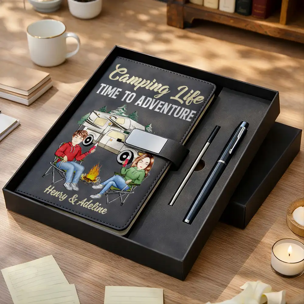 Camping Couple The Adventure Begins - Personalized Leather Notebook Set - Image 2