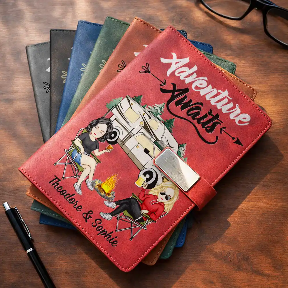 Camping Couple The Adventure Begins - Personalized Leather Notebook Set - Image 3