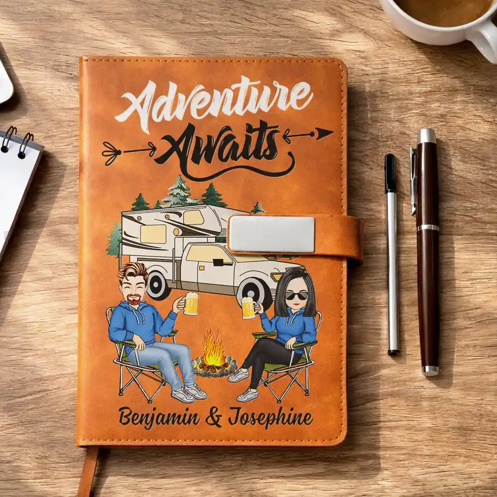 Camping Couple The Adventure Begins - Personalized Leather Notebook Set - Image 4