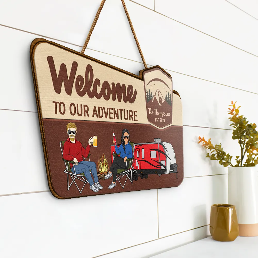 Camping Couple Welcome To Our Adventure - Personalized Custom Shaped Wood Sign - Image 2