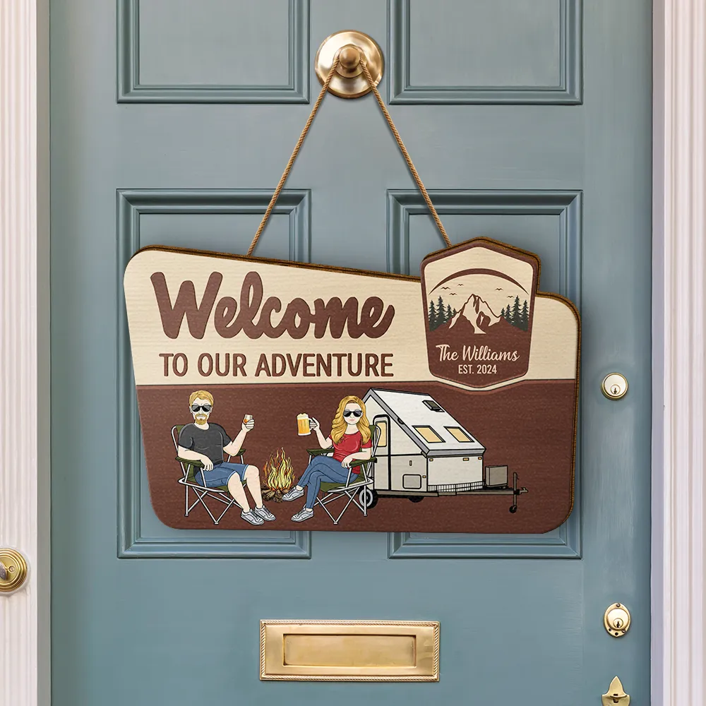 Camping Couple Welcome To Our Adventure - Personalized Custom Shaped Wood Sign - Image 3