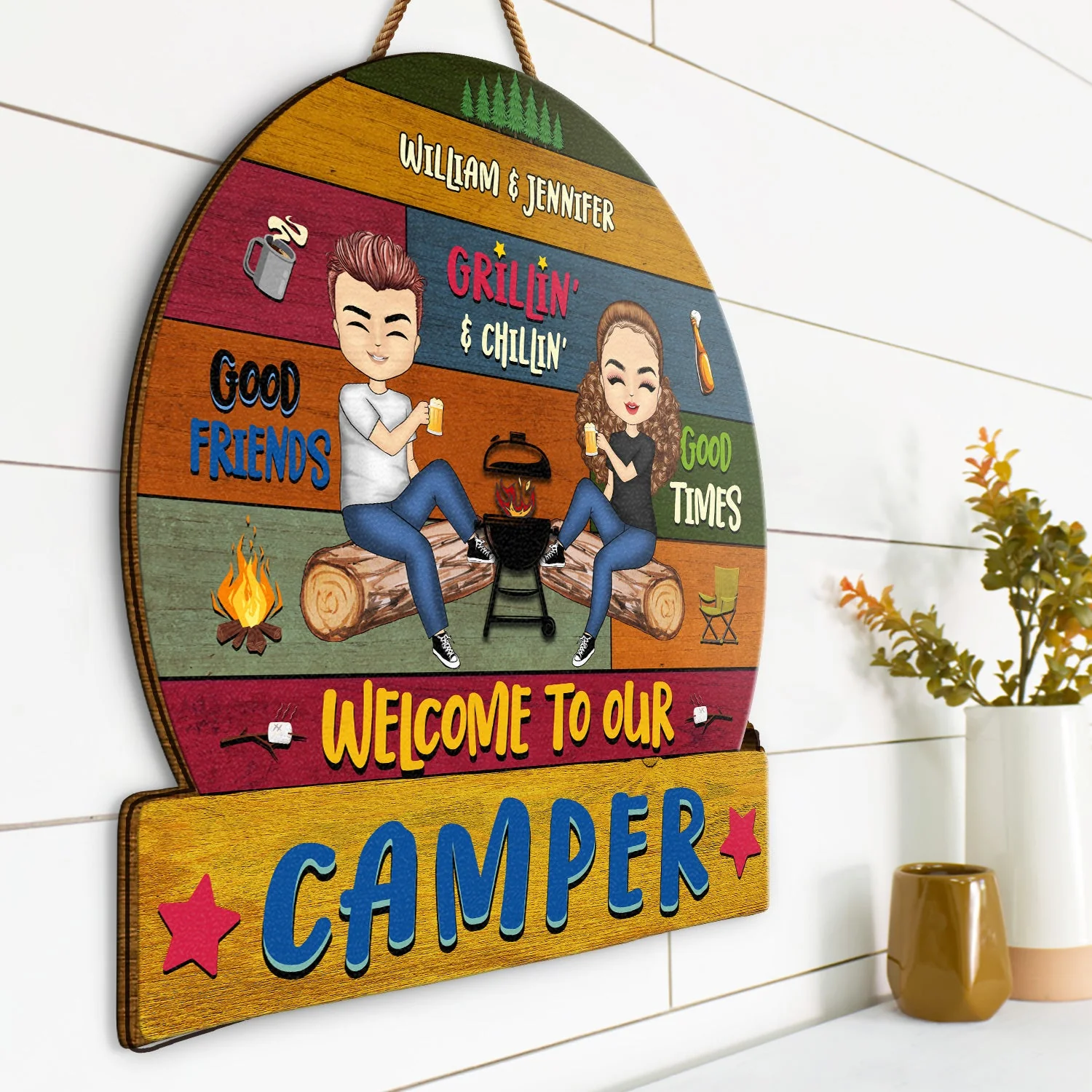 Camping Couple Welcome To Our Campsite - Gift For Camping Couple - Personalized Custom Shaped Wood Sign - Image 2