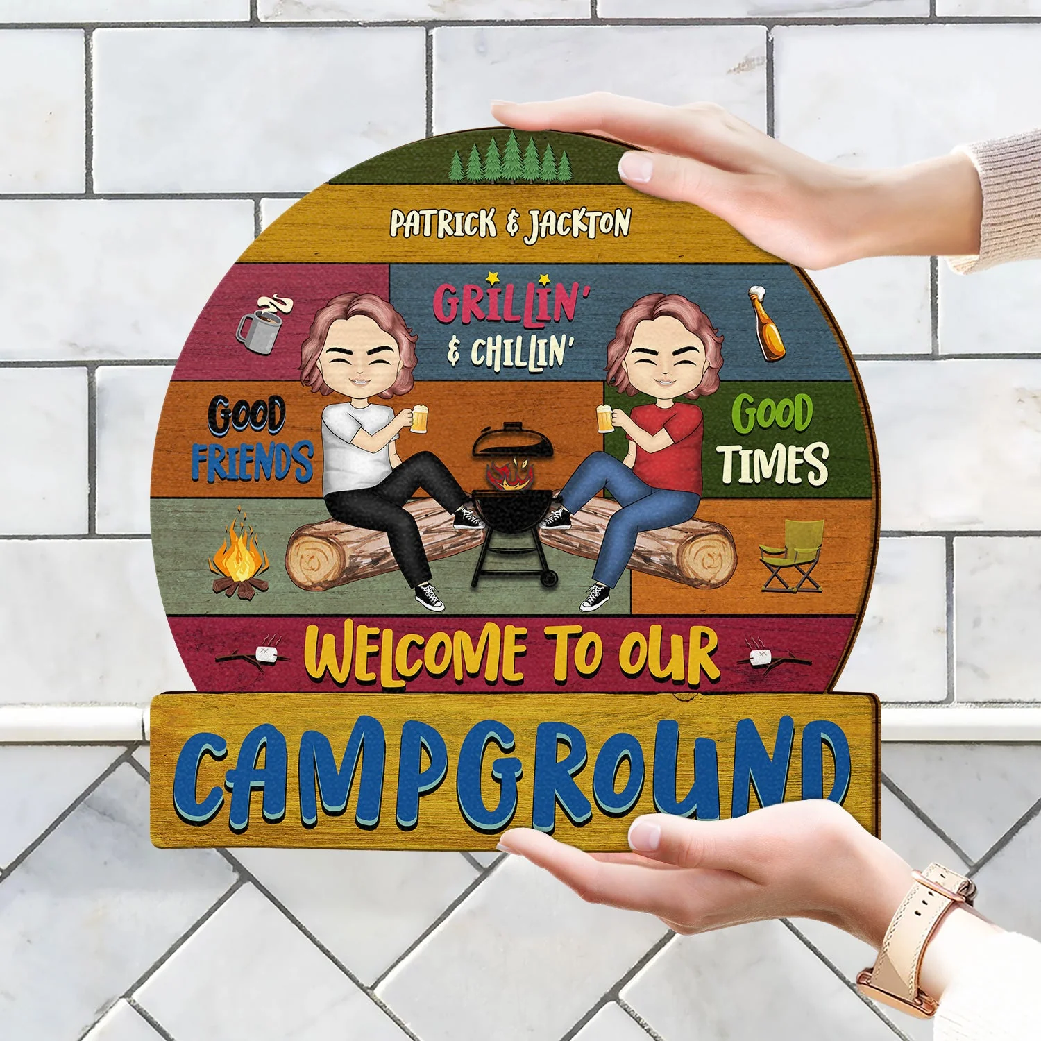 Camping Couple Welcome To Our Campsite - Gift For Camping Couple - Personalized Custom Shaped Wood Sign - Image 4