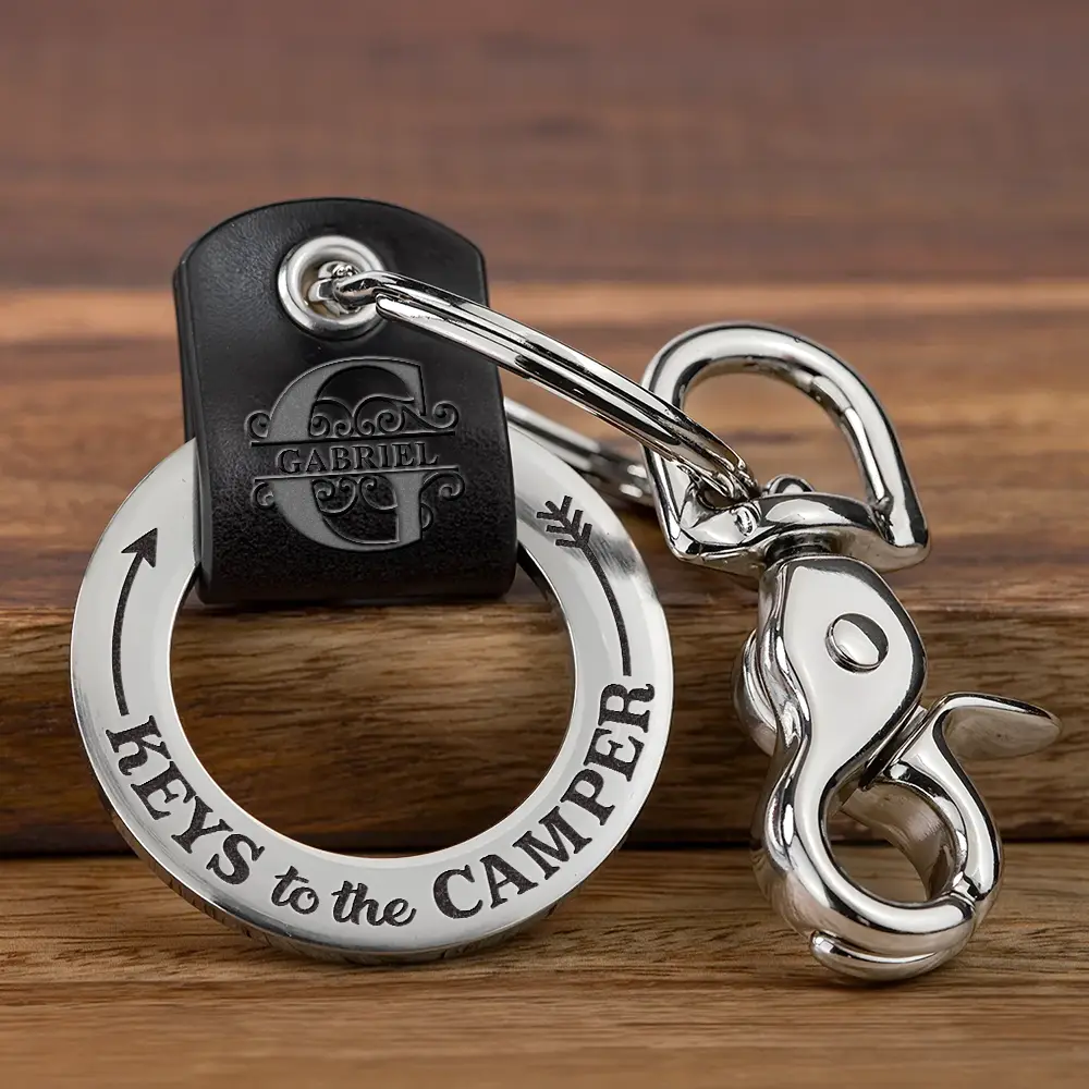 Camping Dad Mom Keys To The Camper Monogram Initial - Personalized Leather Coordinates Keychain - Image 3