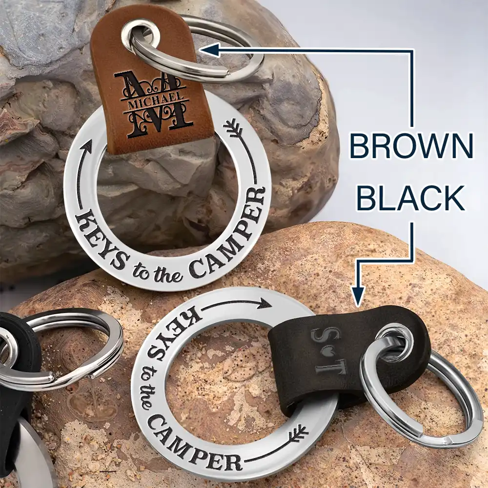 Camping Dad Mom Keys To The Camper Monogram Initial - Personalized Leather Coordinates Keychain - Image 4