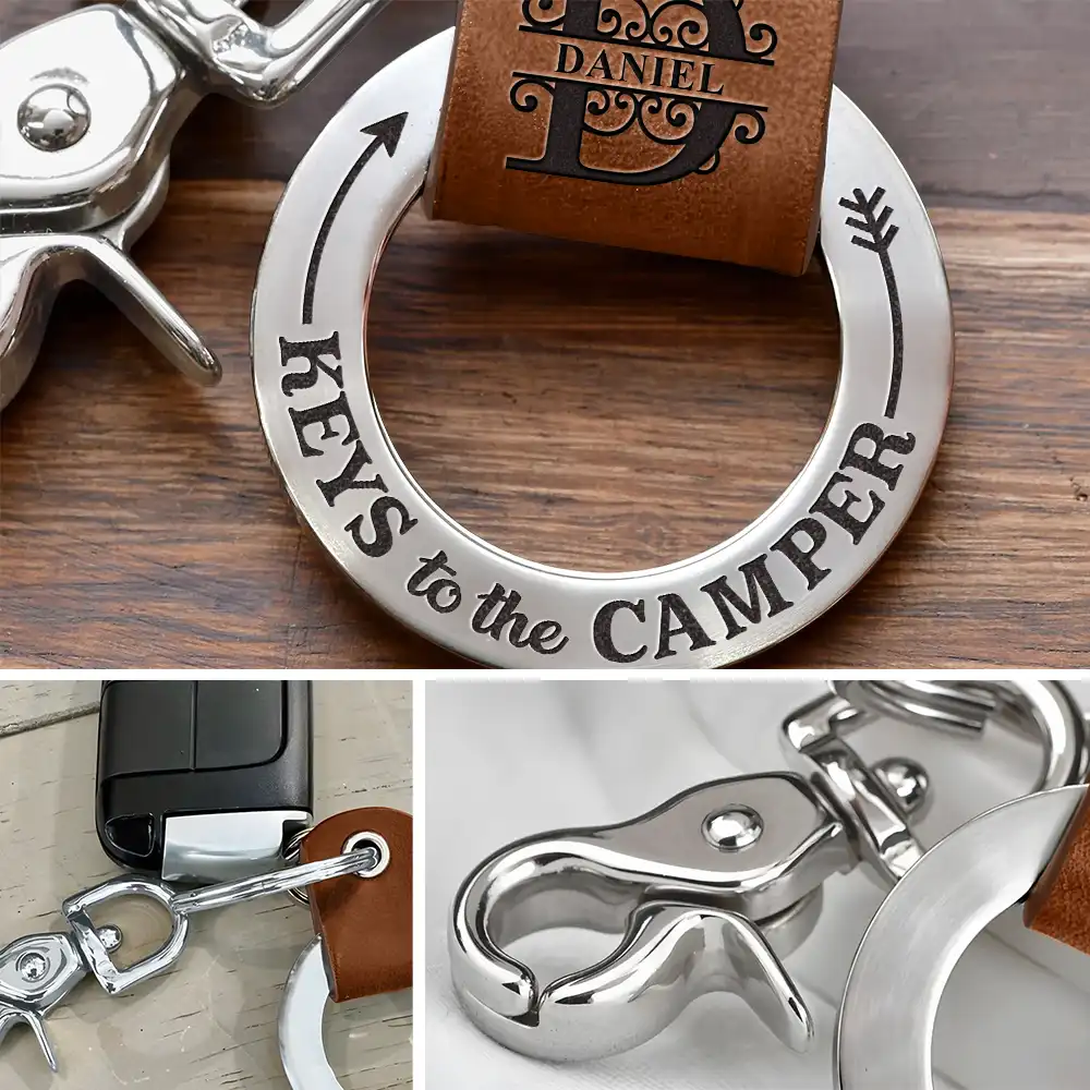 Camping Dad Mom Keys To The Camper Monogram Initial - Personalized Leather Coordinates Keychain - Image 5