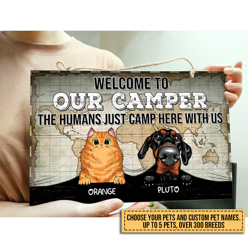 Camping Dog, Cat, Pet, Camp, Welcome To Our Camper Custom Wood Rectangle Sign - Image 3