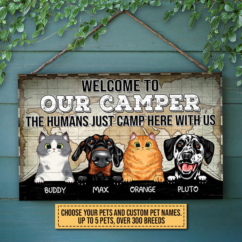 Camping Dog, Cat, Pet, Camp, Welcome To Our Camper Custom Wood Rectangle Sign - Image 5