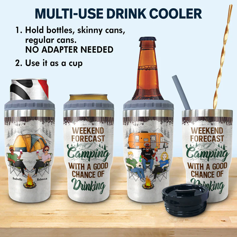 Camping Family Best Friends Weekend Forecast Camping With A Good Chance Of Drinking - Camping Gift - Personalized Custom Triple 3 In 1 Can Cooler - Image 2