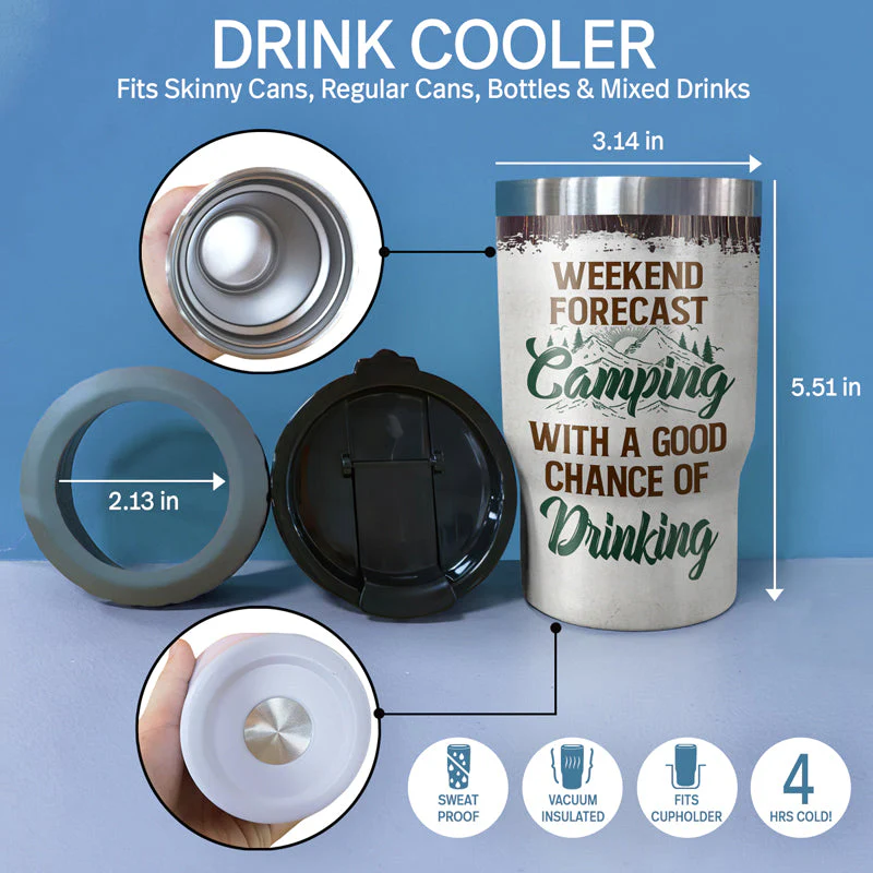 Camping Family Best Friends Weekend Forecast Camping With A Good Chance Of Drinking - Camping Gift - Personalized Custom Triple 3 In 1 Can Cooler - Image 4