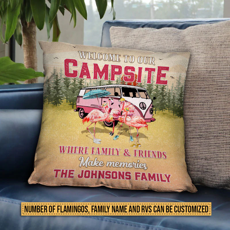 Camping Flamingo Bestie Welcome To Our Campsite Custom Pillow, Personalized Camping Gift - Image 2