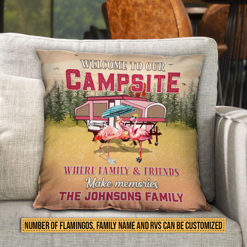 Camping Flamingo Bestie Welcome To Our Campsite Custom Pillow, Personalized Camping Gift - Image 3