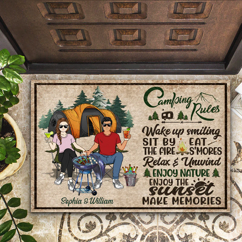 Camping Rules Wake Up Smiling Make Memories - Gift For Camping Couples - Personalized Custom Doormat - Image 2