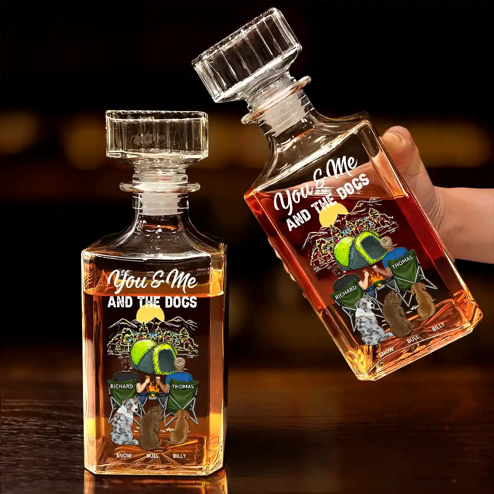 Camping You And Me And The Dogs - Personalized Square Whiskey Bottle - Image 4