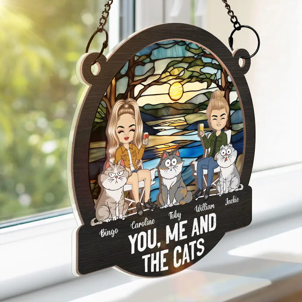 Camping You, Me And The Cats - Personalized Window Hanging Suncatcher Ornament - Image 3
