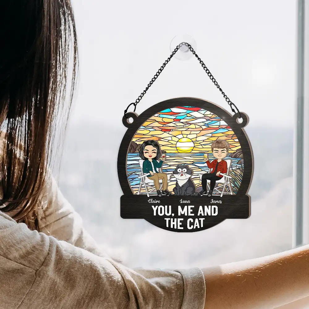 Camping You, Me And The Cats - Personalized Window Hanging Suncatcher Ornament - Image 4