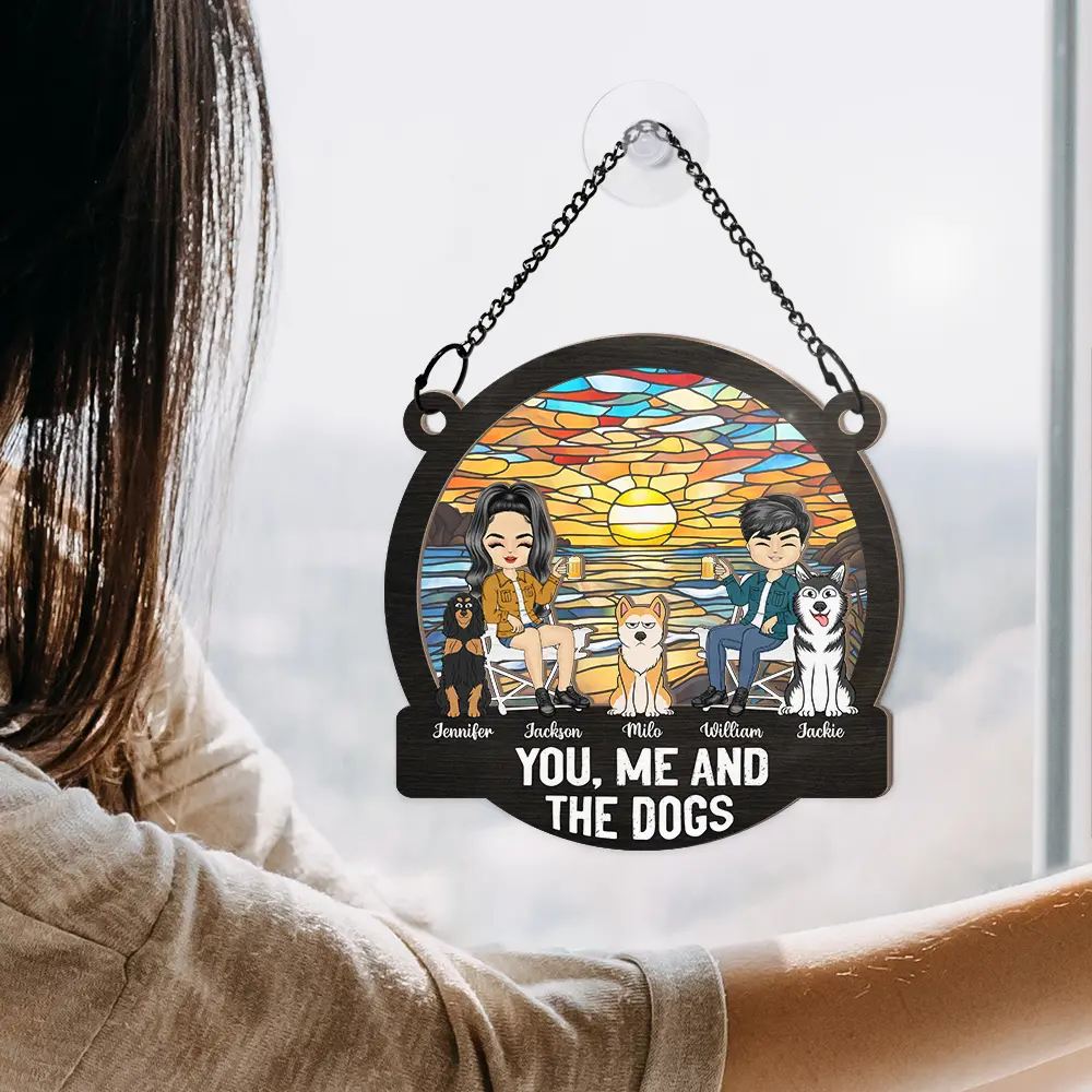 Camping You, Me And The Dogs - Personalized Window Hanging Suncatcher Ornament - Image 4