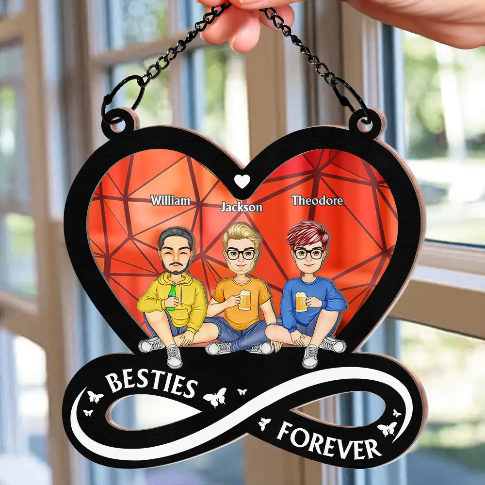 Cartoon Besties Forever Sitting Together - Personalized Window Hanging Suncatcher Ornament - Image 2
