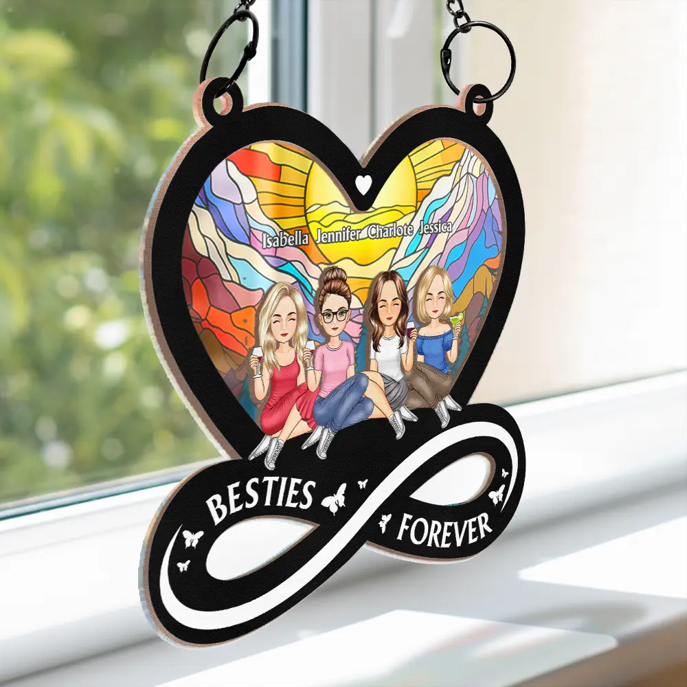 Cartoon Besties Forever Sitting Together - Personalized Window Hanging Suncatcher Ornament - Image 3