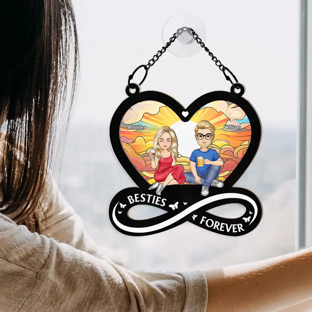 Cartoon Besties Forever Sitting Together - Personalized Window Hanging Suncatcher Ornament - Image 4