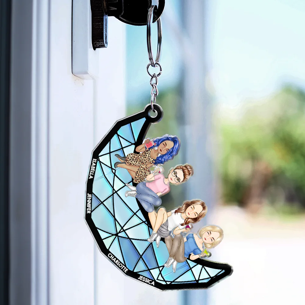 Cartoon Besties Friends Sitting On The Moon - Personalized Cutout Acrylic Keychain - Image 3